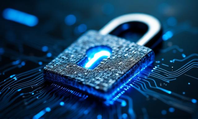 Digital representation of a secure data vault with binary code background